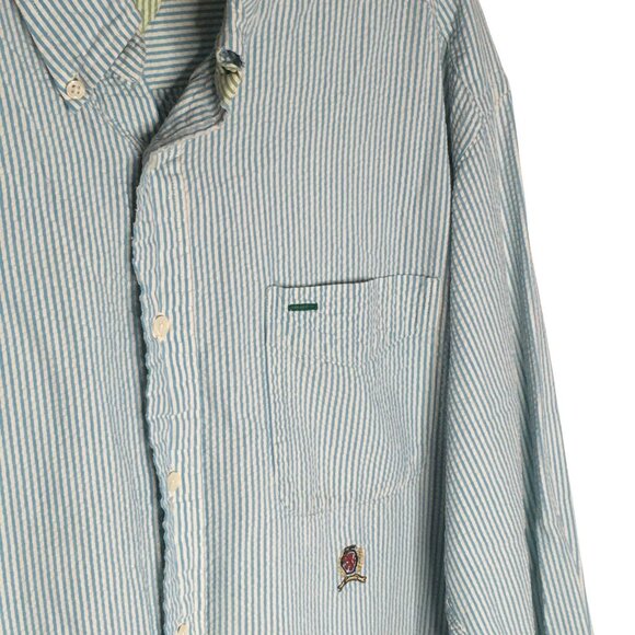 Vintage Tommy Hilfiger Shirt Mens Large Seersucker Button Down Crest Blue Stripe - Picture 11 of 13